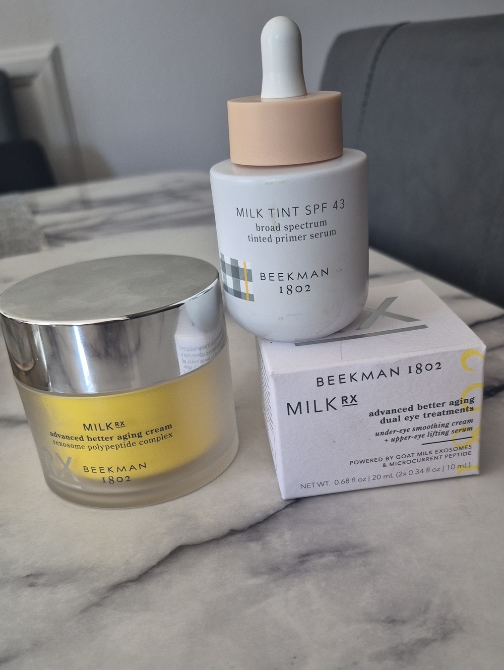 Beekman 1802 Milk Tint Serum,  Yellow Aging Cream, And SPF 43 Primer.